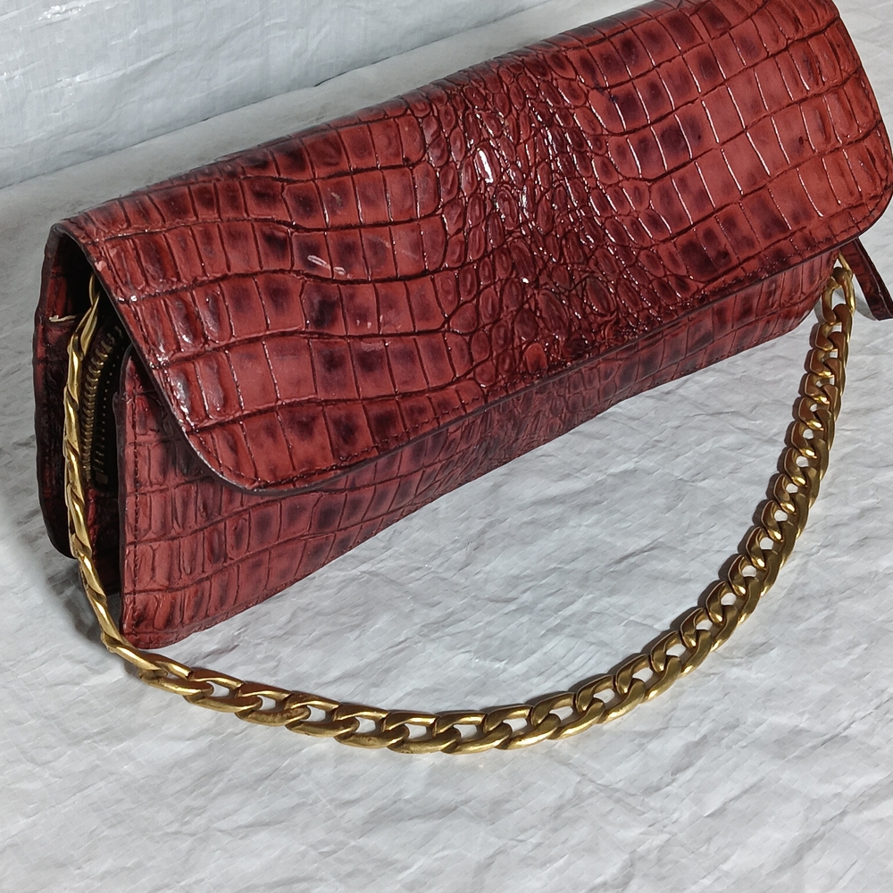 Ellen Tracy Red Crocodile Pattern Clutch with Gold Chain